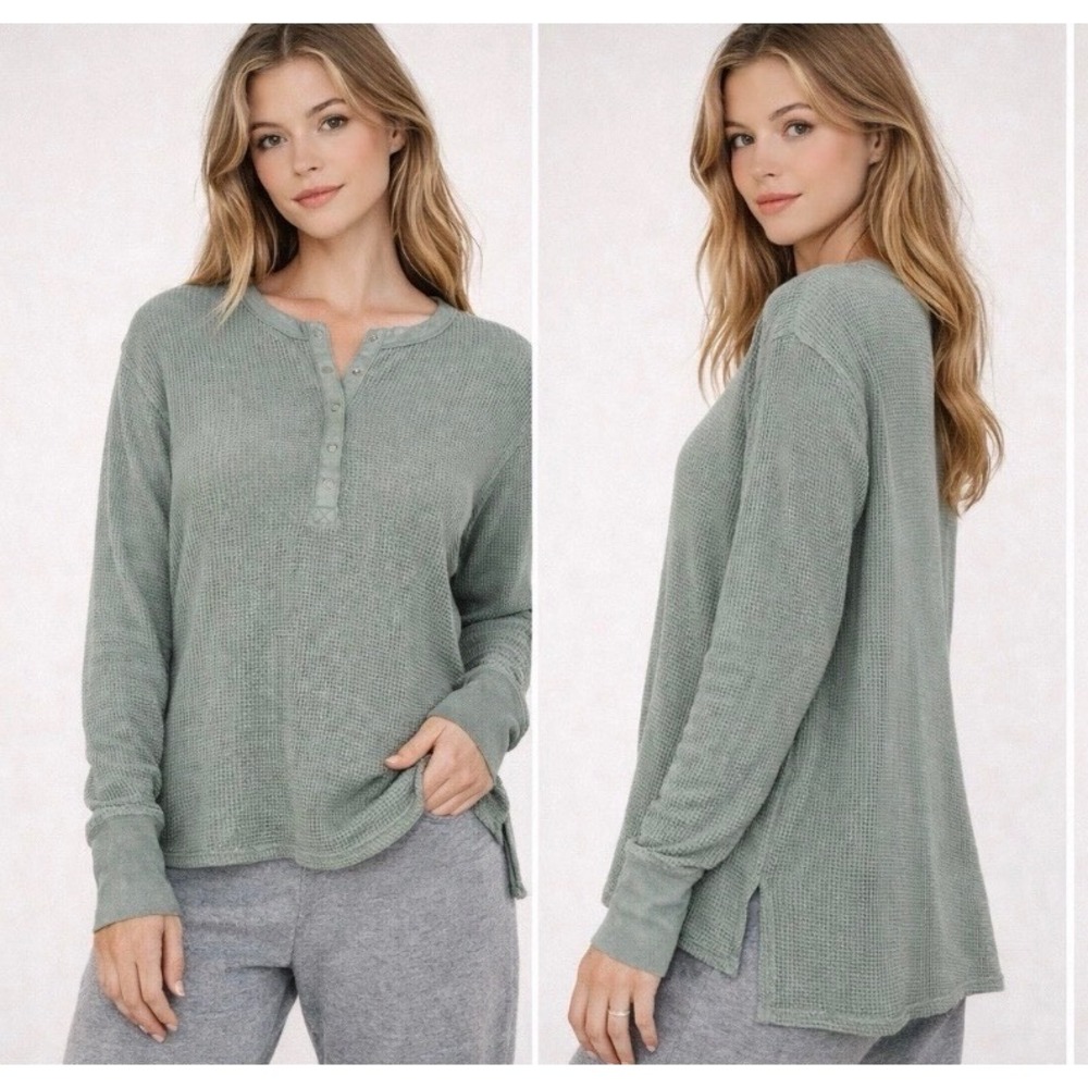 OFFLINE by Aerie Waffle Henley Top Large Sage‎ Green Cotton Thumbholes Oversized